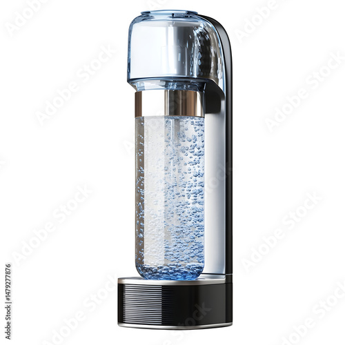 a chrome water carbonator dispenser sleek modern design isolated on transparent background.