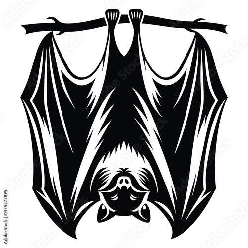 Stylized vector graphic of a bat hanging upside down from a branch