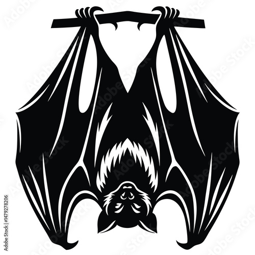 Stylized black bat hanging upside down with wings spread wide design