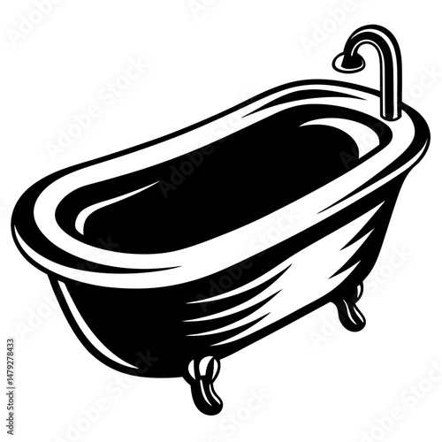 Classic clawfoot bathtub with faucet, presented in a monochrome graphic style