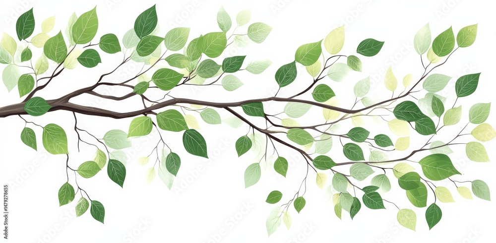 Obraz premium Lush Green Tree Branch with Varied Leaf Shades on White Background