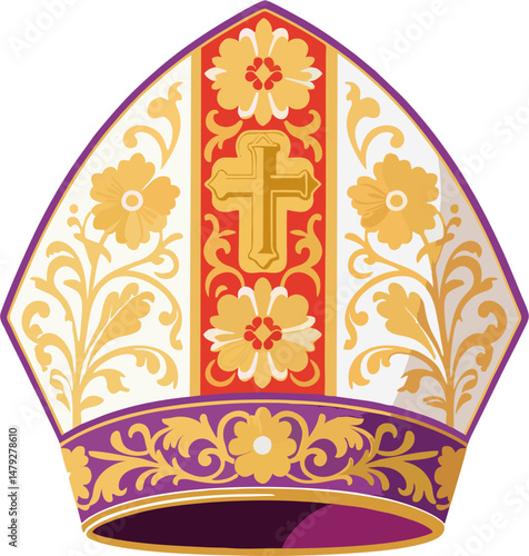 Flat Vector Illustration of Ornate Papal Mitre with Gold Cross and Floral Patterns – Colorful Catholic Bishop Hat Design Isolated on White