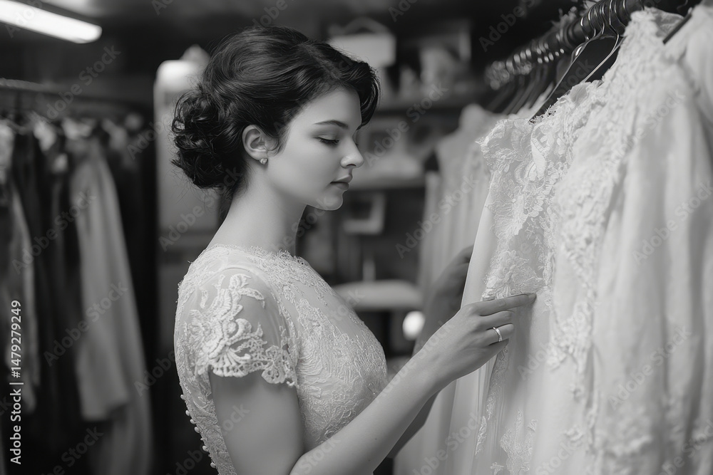Naklejka premium Woman in wedding dress inspecting a dress.