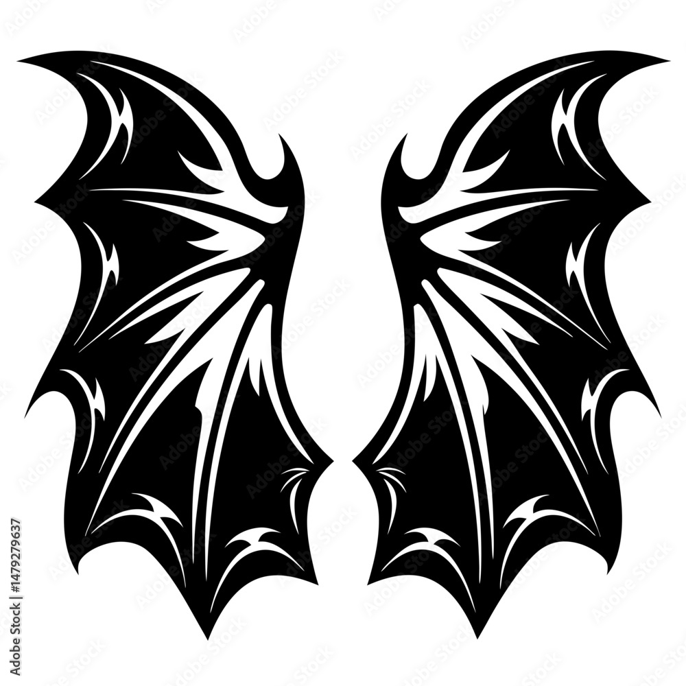 Obraz premium Stylized Pair of Bat Wings in Black and White Tattoo Design