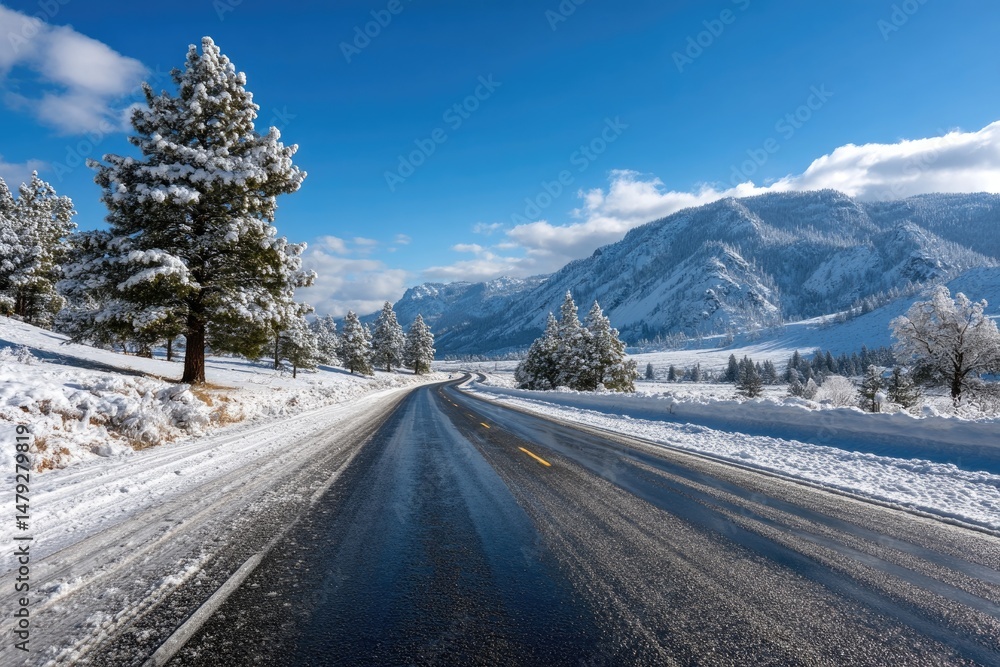 An empty asphalt road cutting through a snowy landscape An empty asphalt road cutting through a snowy landscape