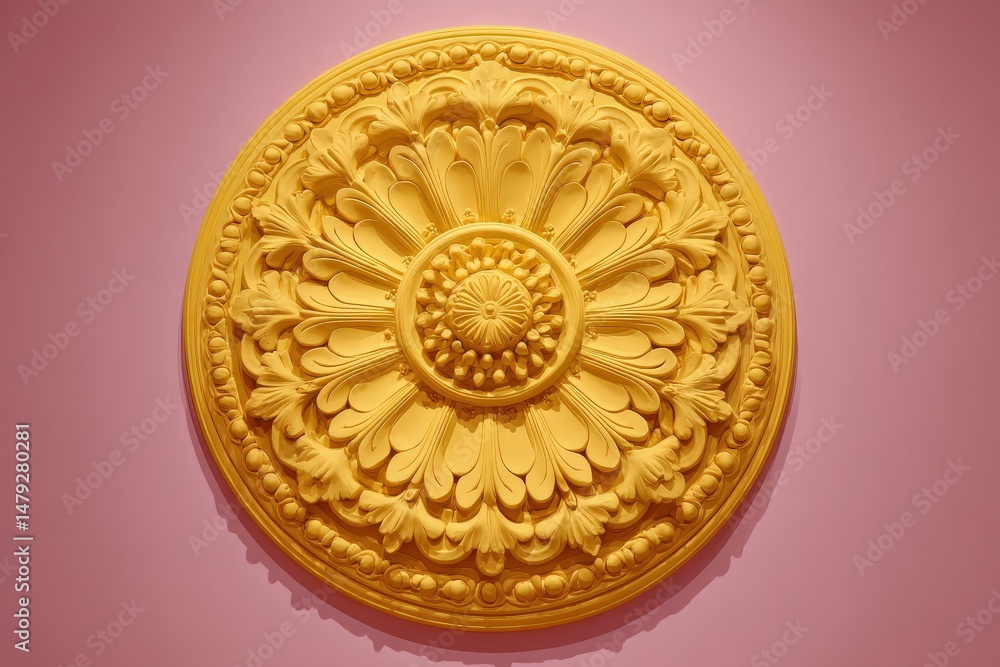 Fototapeta premium Decorative, round, yellow, relief, plaster, ceiling, design, against, pink, backdrop.