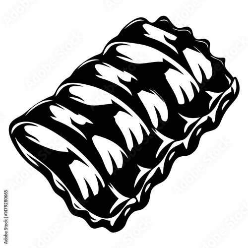 Stylized Black and White Illustration of Pork Ribs Ready for Grilling