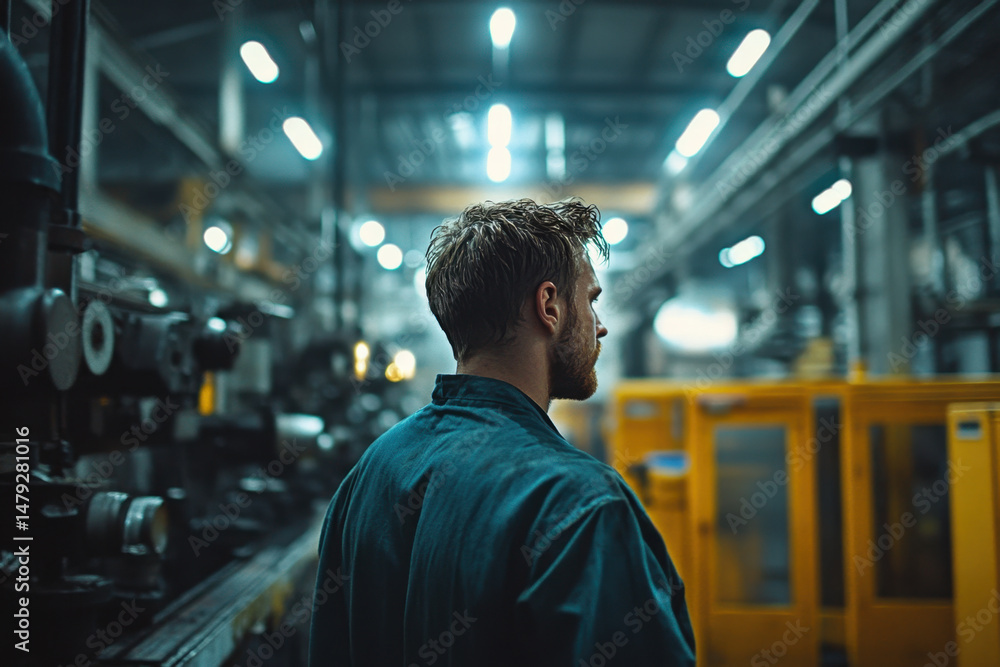 Fototapeta premium Man scrutinizing factory machinery.
