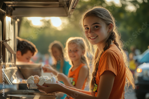 Girl smiling while serving food.