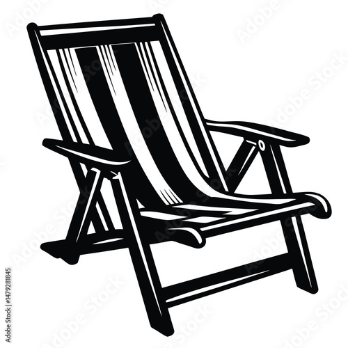 Stylized Black and White Illustration of a Striped Folding Beach Chair
