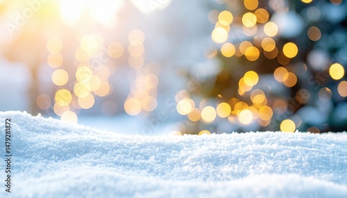 Festive holiday scene with snowy tabletop and blurred christmas tree cozy winter vibes golden bokeh lights