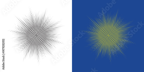 Set of black halftone grunge circle. Vector modern dots halftone arts. Halftone circle frame background set. Round border Icon using halftone random circle. Grunge circular stain. Vector illustration.