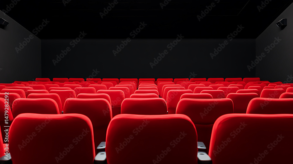 Obraz premium Rows of empty red seats fill a darkened theater, suggesting anticipation and the promise of entertainment in a classic cinema setting.
