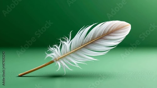 A single white feather with a brown quill rests gently on a smooth green surface, highlighted by soft lighting.