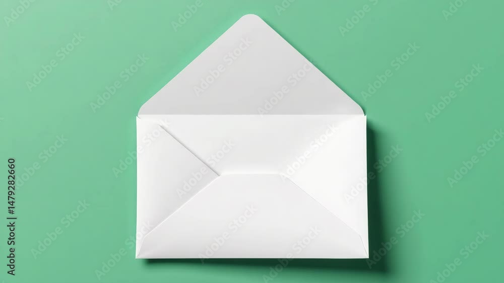 A plain white envelope is open on a flat green background, ready for a letter or invitation.