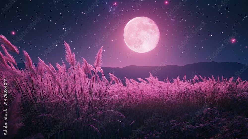 Naklejka premium Full moon and Japanese pampas grass in midnight,The harvest Miscanthus sinensis and full moon,beautiful night sky in the countryside with the perfect pink moon exudes beauty in the dark.