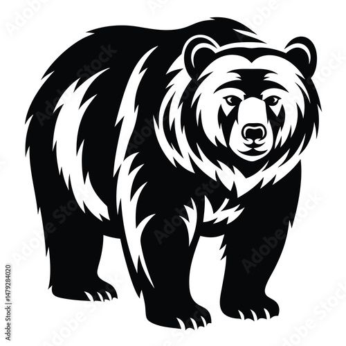 Majestic black and white bear illustration with bold fur patterns and formidable gaze