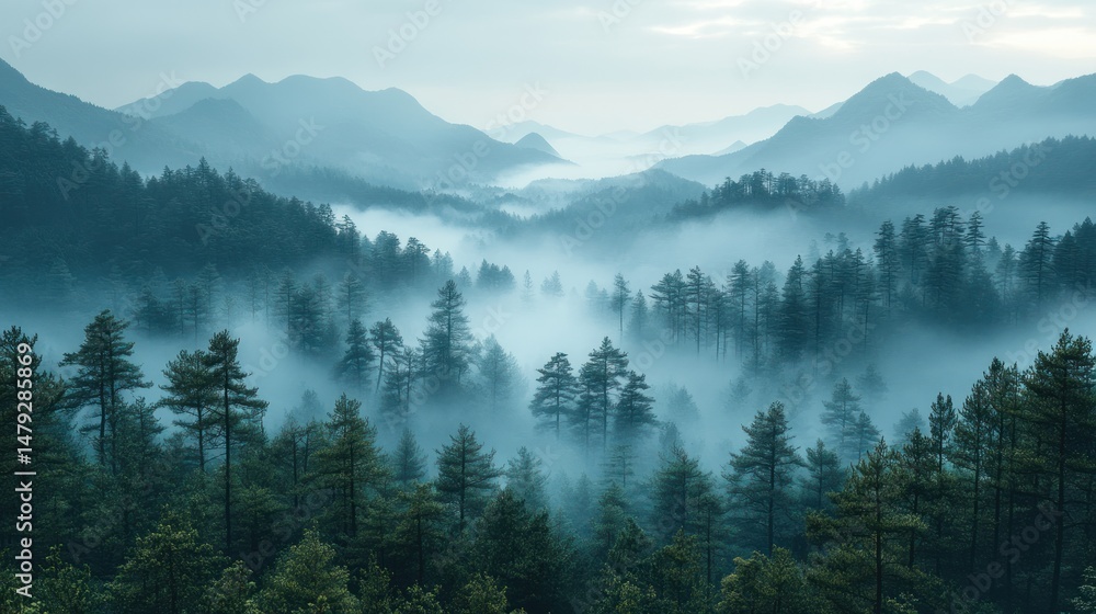 Misty mountain valley with dense forest Misty mountain valley with dense forest