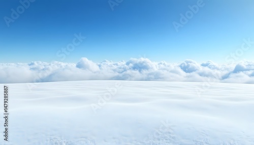 Vast snowy expanse above fluffy clouds under a brilliant sky.
