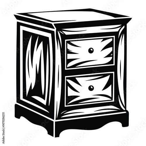 Elegant black and white nightstand with two drawers and decorative details