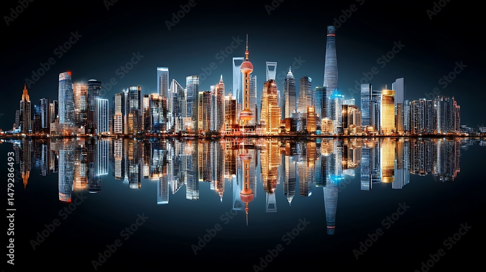 Fototapeta premium Stunning nightscape of shanghai skyline urban city photography reflective waters aerial view modern architecture