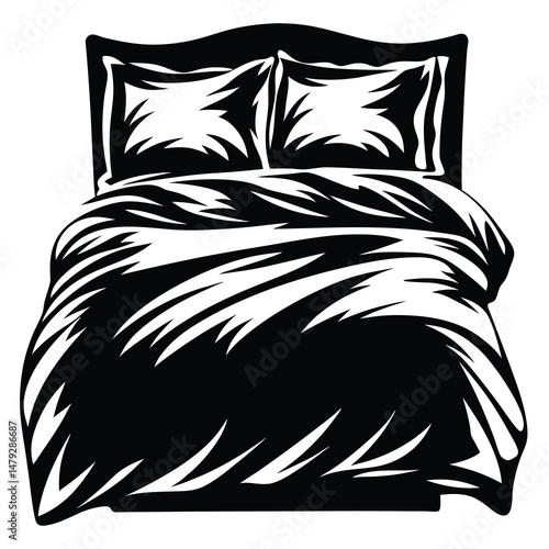 Black and white detailed illustration of a bed with pillows and blanket