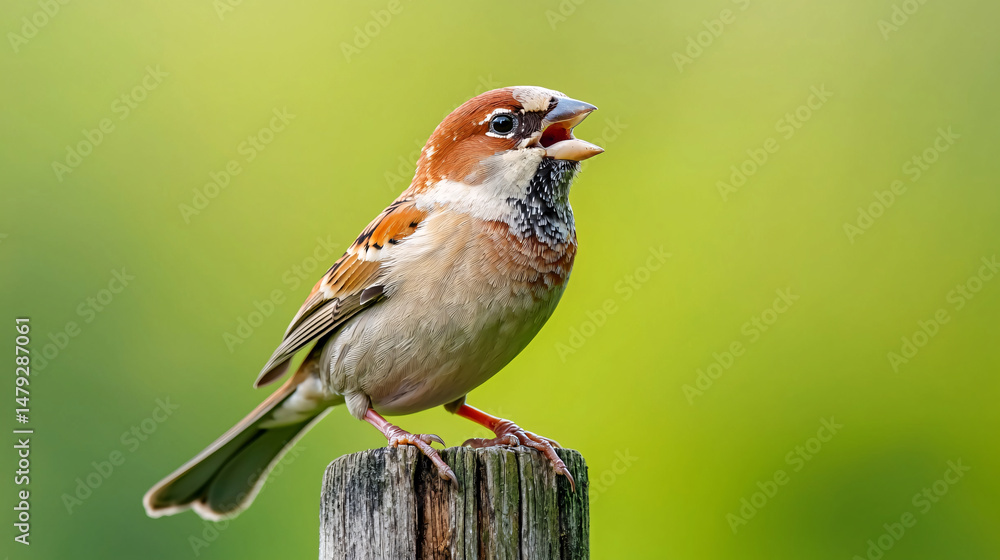 Fototapeta premium A small sparrow perched on a wooden post sings a song with its beak wide open outdoors.