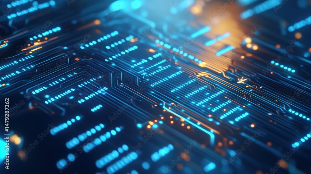 Obraz premium Close-up of a futuristic digital circuit board with glowing blue and orange electronic pathways and microchips, representing technology, innovation, and digital infrastructure