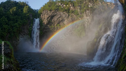 Beautiful rainbow forming over petrohué waterfalls in vicente pérez rosales national park, chile