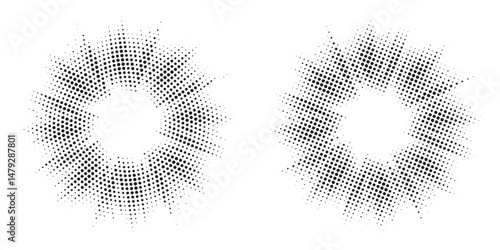 Halftone Background. Glowing light Halftone effect. Abstract grunge Starburst halftone dots background set. Star Flare, Shine light halftone texture. Retro background, pop art style.	