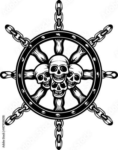 SVG vector of a skull with undersea bone armada theme. Intricate Skull Design on Ship Wheel with Chains for Nautical Themes