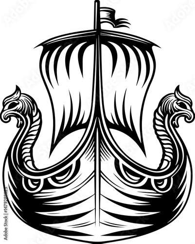 SVG vector of a skull with undersea bone armada theme. Intricate Viking Ship Design with Dragon Heads and Sails