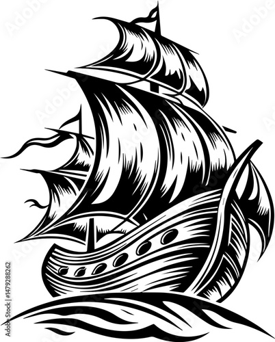 SVG vector of a skull with undersea bone armada theme. Detailed Illustration of a Classic Sailing Ship in Black and White