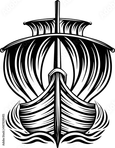 SVG vector of a skull with undersea bone armada theme. Illustrative Black and White Ship Design Featuring Unique Sail Patterns