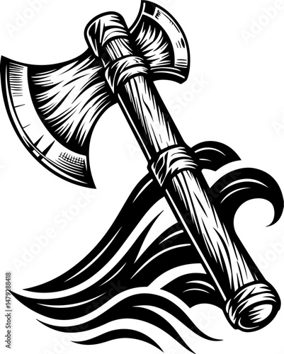 SVG vector of a skull with undersea bone armada theme. Vintage Style Axe with Waves in Black and White Design