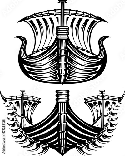 SVG vector of a skull with undersea bone armada theme. Detailed Black and White Illustration of Classic Ships and Armadas