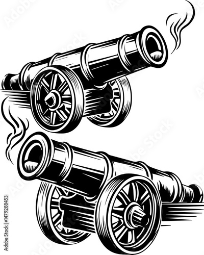 SVG vector of a skull with undersea bone armada theme. Vintage Cannons Firing Smoke in Black and White Illustration