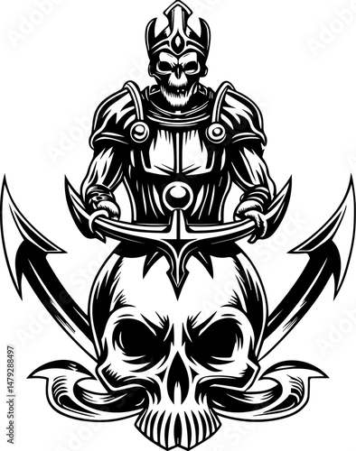 SVG vector of a skull with undersea bone armada theme. Skull Warrior with Anchor Design in Monochrome Artwork