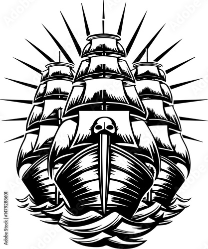 SVG vector of a skull with undersea bone armada theme. Black and White Illustration of a Pirate Ship with Skull Design