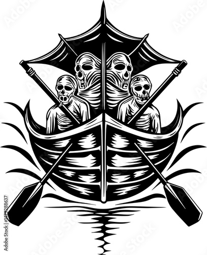 SVG vector of a skull with undersea bone armada theme. Mysterious Skeletons in a Rowboat on Dark Waters