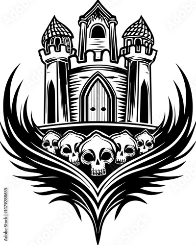 SVG vector of a skull with undersea bone armada theme. Dark Fantasy Castle with Skulls and Wings Design Element