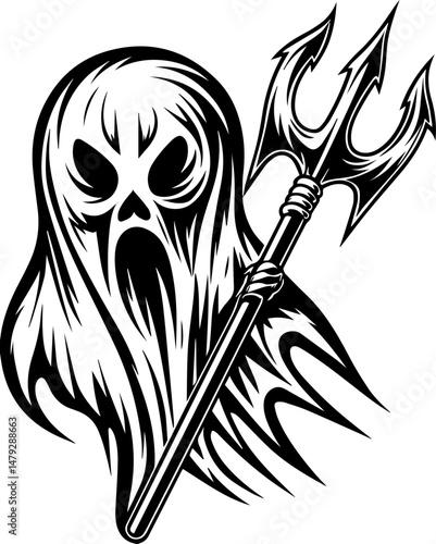 SVG vector of a skull with undersea bone armada theme. Spectral Phantom with Trident in Stylized Black and White Design