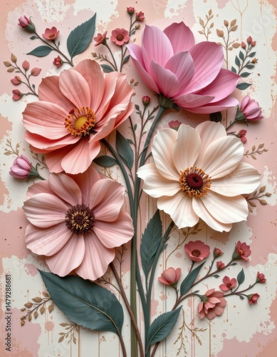 digital collage combining textured paper flowers and delicate botanical drawings in soft hues