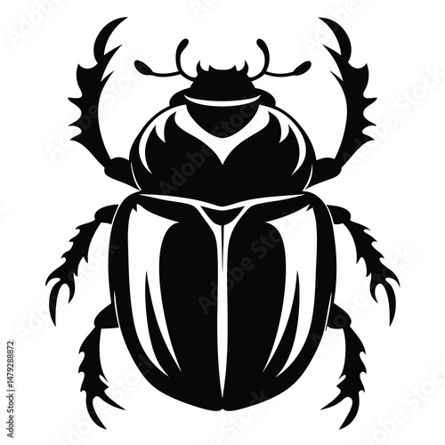 Graphic illustration of an ornate, silhouetted scarab beetle with intricate details