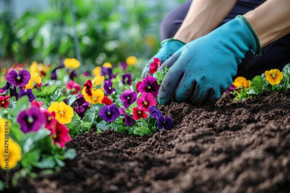Fototapeta premium A gardener is focused on planting vibrant flowers in the soil using gloved hands. The scene showcases a variety of colors flourishing in the garden under natural light