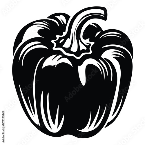 Stylized black and white graphic of a bell pepper with bold design