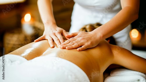 Wallpaper Mural A serene spa scene showing a woman receiving a relaxing massage in a tranquil setting. Soft ambient lighting, candles, warm towel, essential oils nearby. The room is decorated with natural elements. Torontodigital.ca