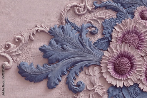 Ornate floral relief design on a pastel background.