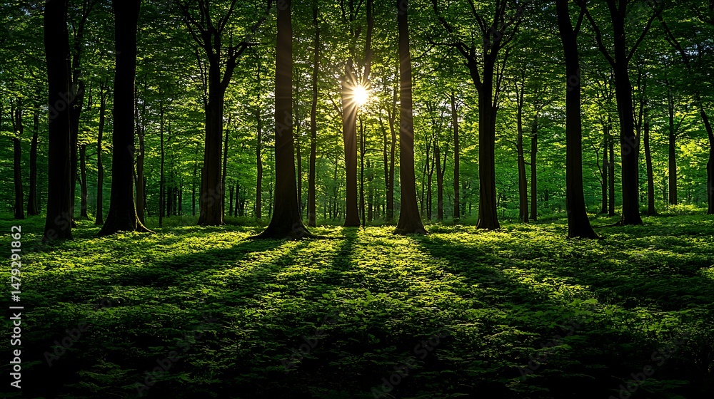 Obraz premium Sunlight filters through lush forest canopy