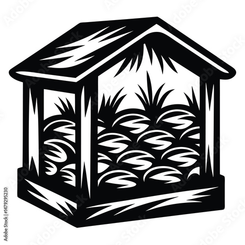 Graphic illustration of a bird feeder filled with seed, hay and grain